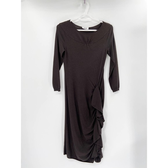 Moschino Dark Brown Virgin Wool Long Sleeve Ruffle Front Knit Dress Size 8 - Picture 1 of 7